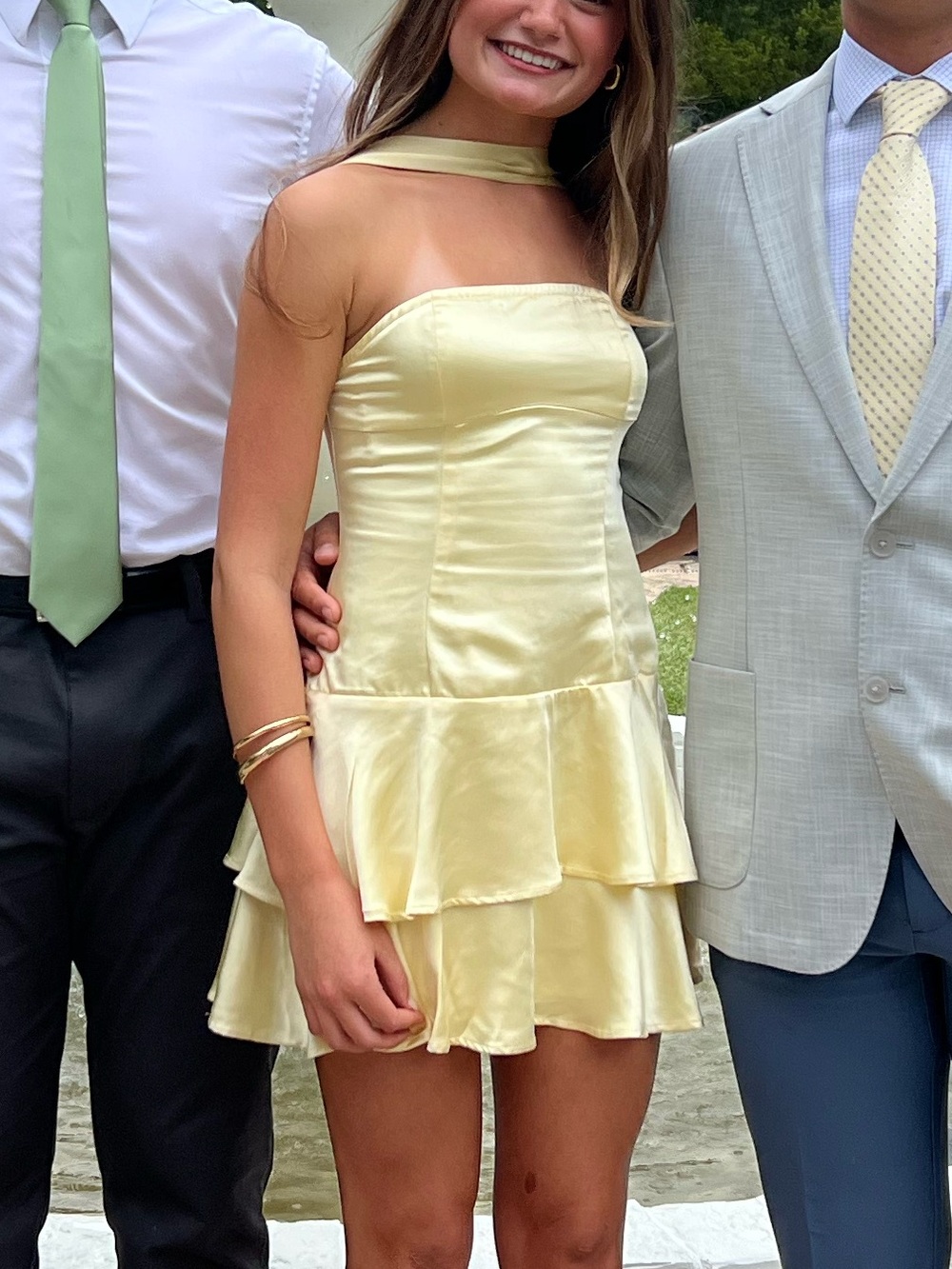 Hello Molly Pale Yellow Satin Tiered Mini with Choker Strap
